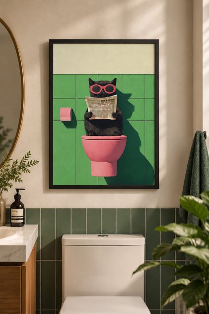 Natural Wood Framed Newspaper-Reading Cat Wall Decor - Decorative Painting Set for Bathroom Wc Toilet Cafe Salon Living Bedroom Kitchen