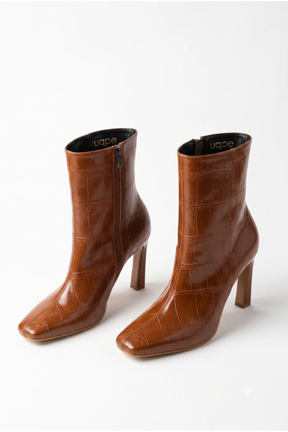 Women's Thin Heeled Square Toe Zippered Ankle High Heel Boots - Lumi - Taba Kroko
