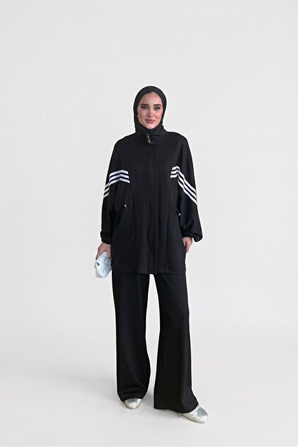 High Collar, Drawstring and Stripe Detailed Double Suit