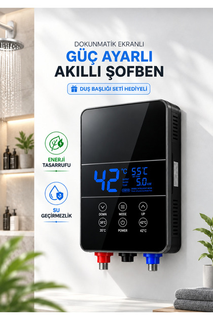 Şofben Ani Su Isıtıcı Akıllı Dijital Elektrikli Banyo Şofbeni Duş Başlığı Hediyeli