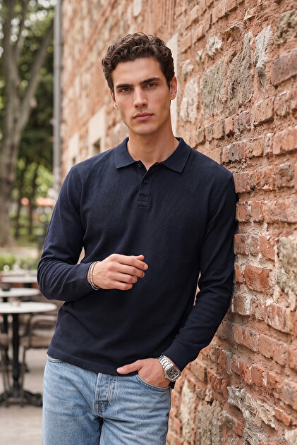Cotton Buttoned Polo Collar Sweatshirt Men's Polo Collar Sweat 5905838