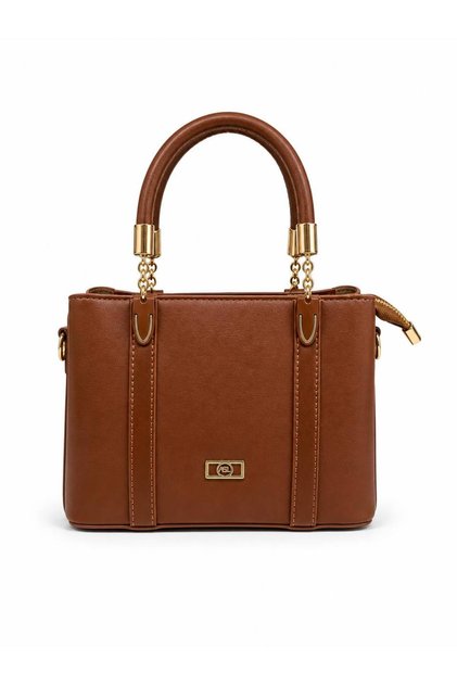 Women's Gold Detailed Tan Handbag with Hand and Shoulder Strap
