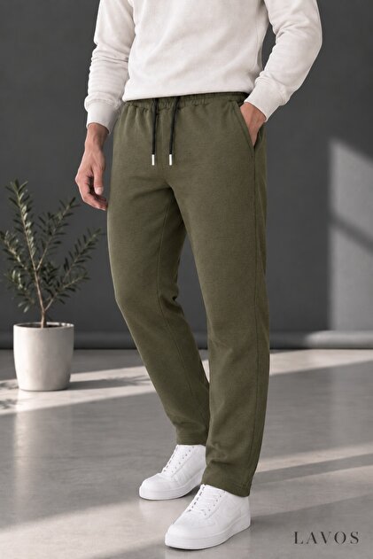Erkek Haki 2 İplik Şardonlu Rejenere Baggy Eşofman Altı Geniş Paça Beli Lastikli Bağcıklı Kışlık