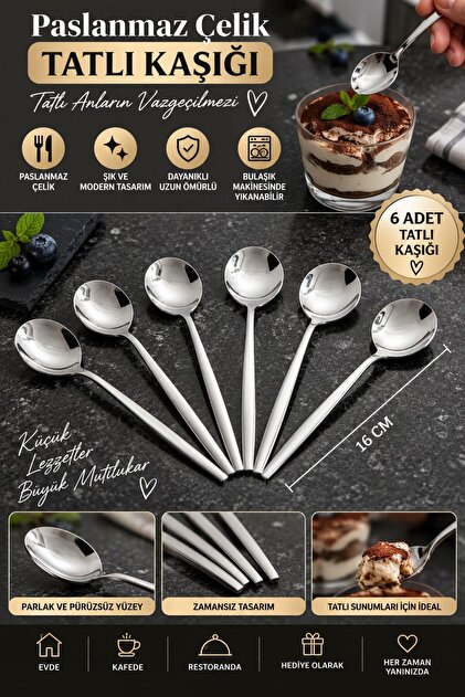 Set of 6 Silver Round Form Dessert Spoons 14 cm Length 18/10 Steel