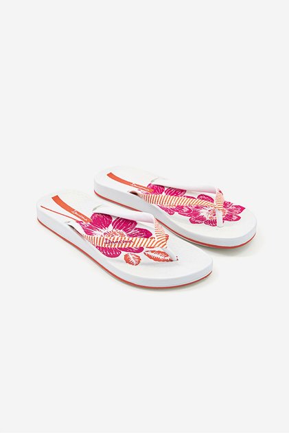 Women Flower Print Slip On Flip Flops, White and Pink