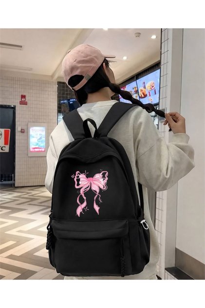 Black Fringed Pink Ribbon Printed School, Class, Course Backpack