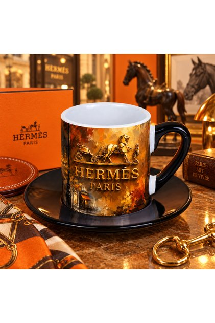 Luxury Paris Horse-Drawn Carriage Patterned Set of 2 Turkish Coffee Cups