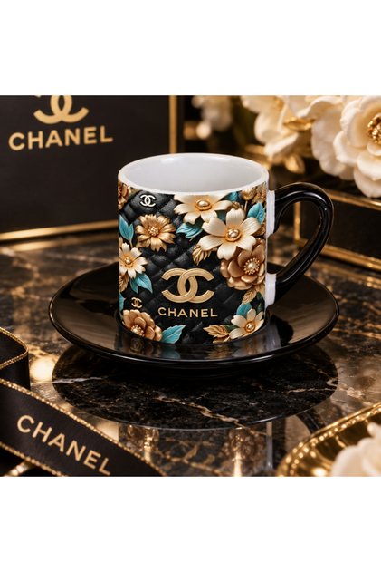 Luxury Patterned 2-Piece Turkish Coffee Cup Set – Black Handles and Black Saucers