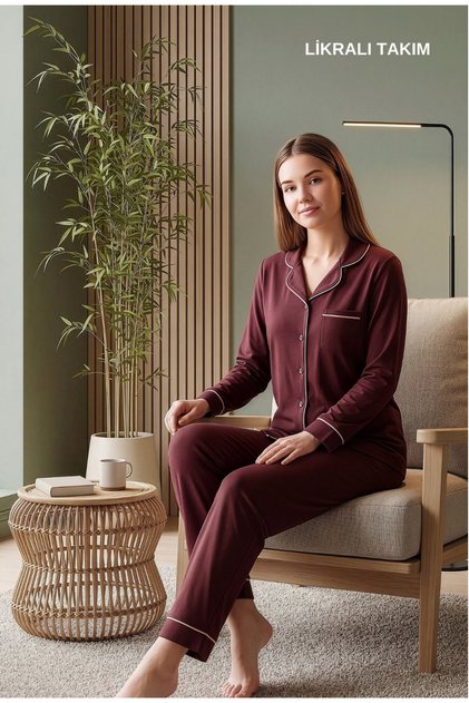 Women's Lycra Pajama Set - Long Sleeve Shirt Collar, Comfortable Fit