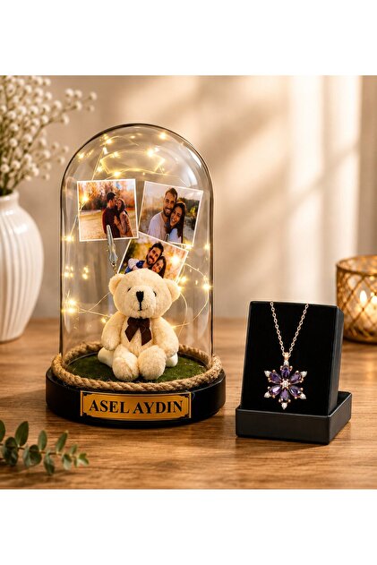 Kişiye Özel İsimli ve 3 Fotoğraflı Peluş Ayıcıklı LED Işıklı Fanus & Gerçek Ametist Taşlı Lotus
