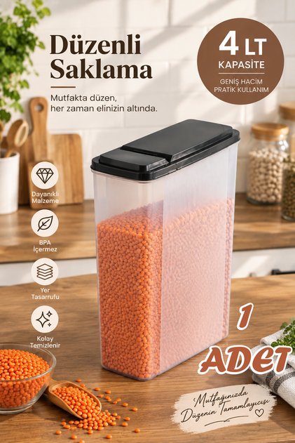 Ak-571 4 Lt Transparent Food Container – Dry Food & Legumes Storage Container with Measuring Lines and Practical Openable Black Lid