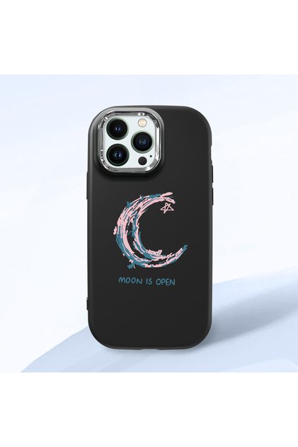 iPhone 14 Pro Max Compatible Shock-Absorbing Black Silicone Case with Camera Protection Moon and Star Pattern