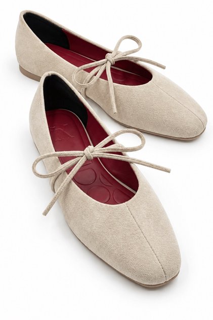 Aster Women's Suede Beige Bow Detailed Blunt Toe Orthopedic Pad Supported Daily Ballet Shoes