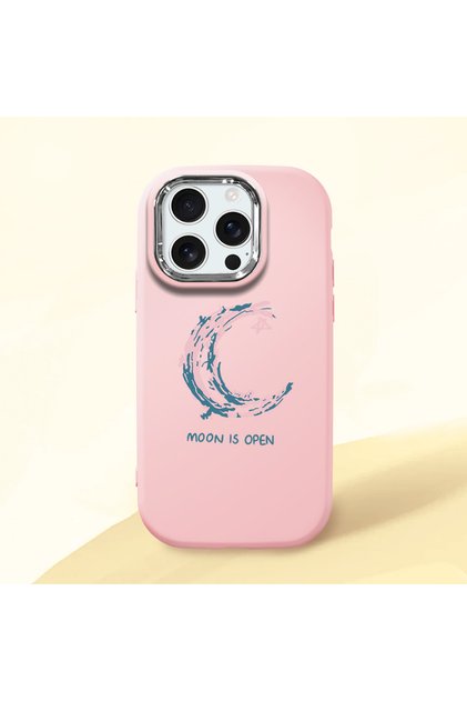 iPhone 16 Pro Compatible Shock-Absorbing Camera Protected Pink Silicone Case Moon and Star Pattern