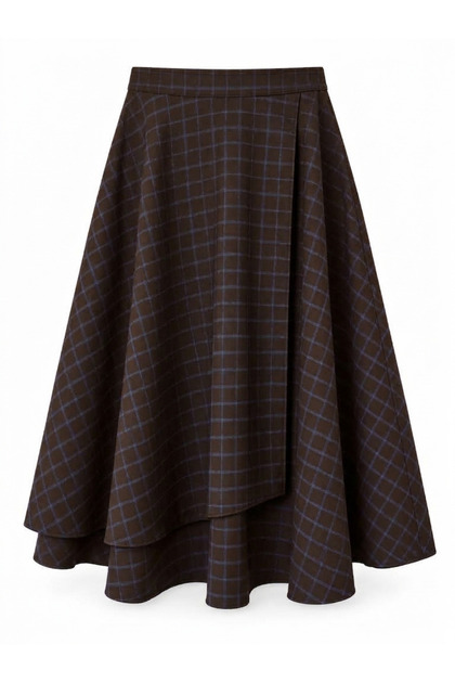 Hazel Plaid Layered Asymmetrical Midi Skirt Women's Dark Brown