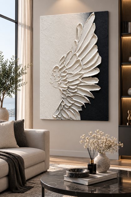 Beyaz Melek Kanadı Kanvas Tablo | Siyah Beyaz Modern Duvar Tablosu | Minimal Dekoratif Kanat Tablo