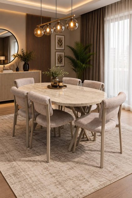 6 Kişilik MDF Mutfak Masası Takımı ve Salon Takımı Yemek Odası Kapiçino Metal İskelet