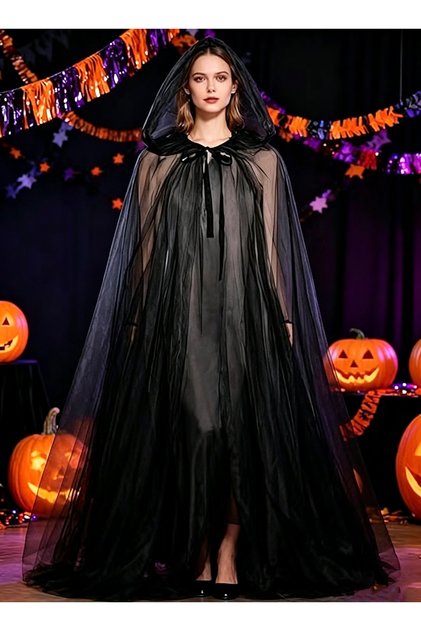 (eb428)Halloween Black 3-Layer Tulle Hooded Cape 1.5m Long Sheer Mesh Cloak for Women Witch Ghost Vampire Cosplay Costume Party Outfit