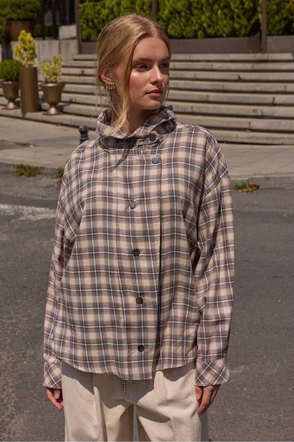 Beige and Blue, Oversize Shirt with Standing Collar Per5130