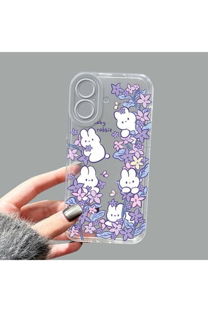 iPhone 16 Compatible Transparent Silicone Case Purple Floral Cute Baby Rabbit Pattern Camera Protected Anti-Shock