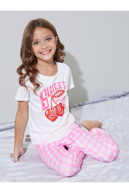 Girls White Graphic Print T-Shirt and Pink Checked Pants Pyjama Set