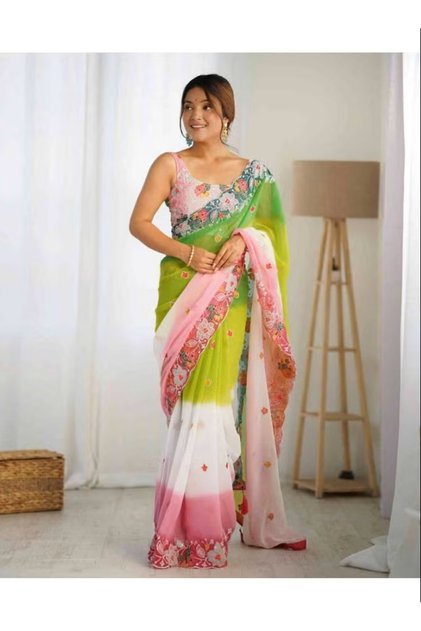 Ready To wear saree. Designer Ombre Georgette Saree with Heavy Floral Thread Embroidery & Sequin Work