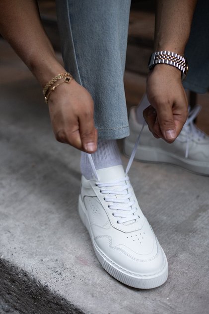Saka Model Genuine Leather Handmade White Leather Sneaker Shoes