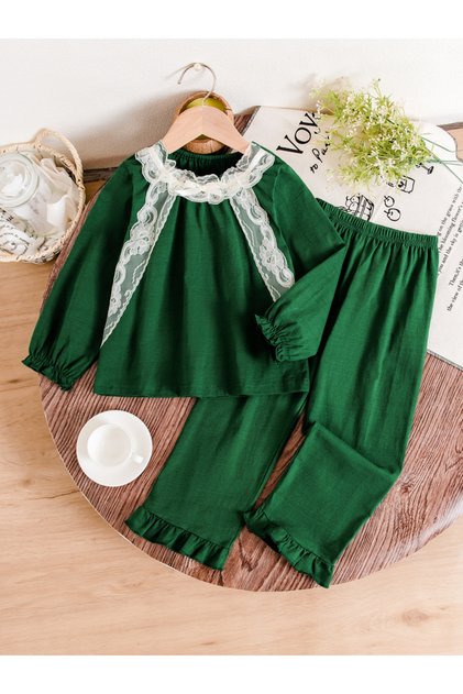 Girls Dark Green Lace Details Top And Pants Pyjama Set