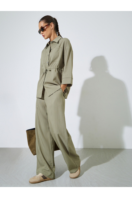 Khaki Solid Pocket Details Shirt and Wide Leg Trousers Set