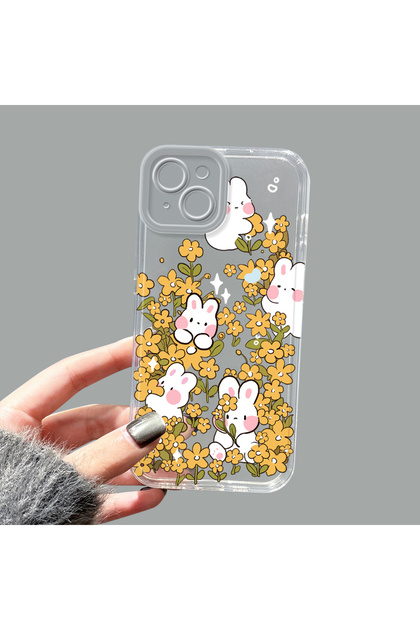 iPhone 14 Plus Compatible Transparent Silicone Case Yellow Floral Cute Rabbit Pattern Camera Protected Anti-Shock