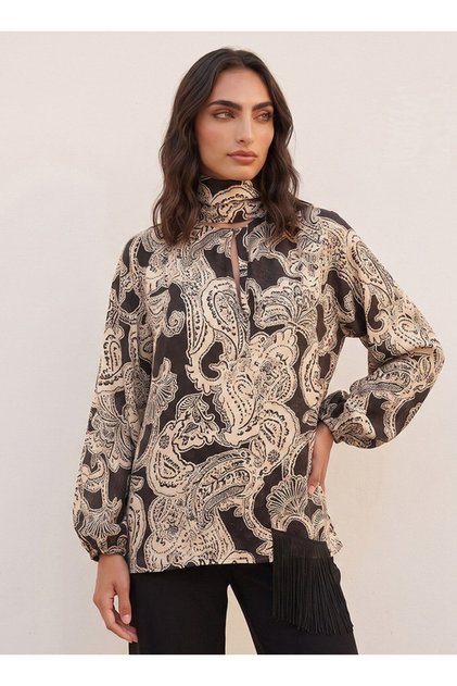 NECK TIE FRINGE DETAIL PRINTED BLOUSE