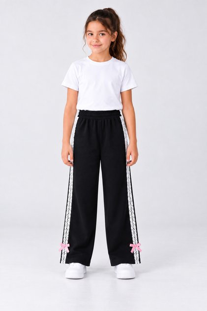 Girl's Wide Leg Sweatpants with Lace Stripes on the Sides and Pink Bow Detail
