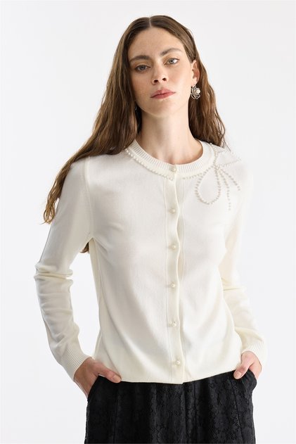 Cardigan de damă cu broderie cu mărgele 15908 Ecru