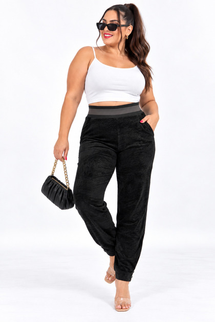 Plus Size High Waist Elastic Velvet Textured Women's Trousers with Pockets and Buttoned Leg Detail
