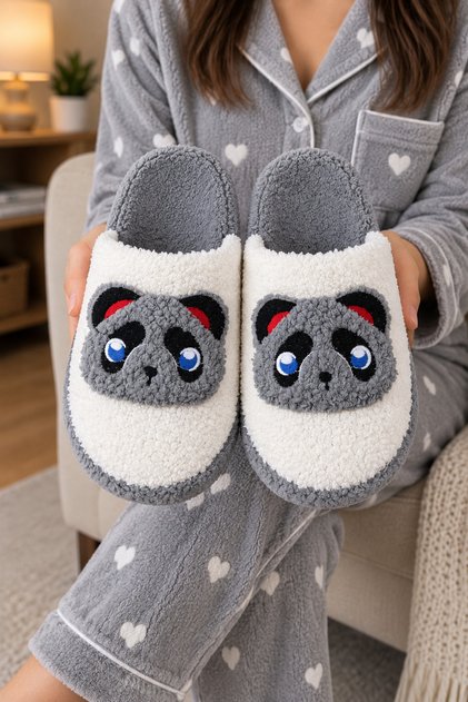 Plush Closed-Toe Soft Sole Slippers with Panda Figure