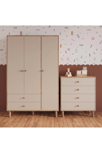 TK3020 Bunny Sepet-Kumtaşı 3 Kapaklı Gardırop 4 Çekmece Şifonyer Yüksek Ayak Bebek Çocuk Odası Takım
