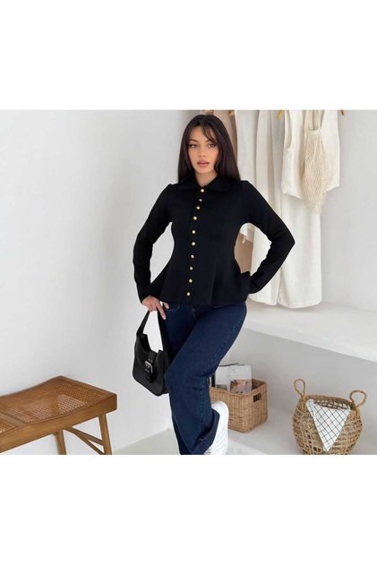Women's Gold Buttoned Shirt Collar Waist Fitted Flounce Peplum Long Sleeve Blouse