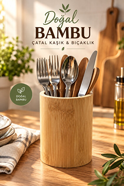 Natural Mini Bamboo Fork Spoon Knife Holder Kitchen Countertop Organizer