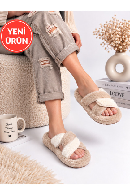 Women's Plush House Slippers with Cross Straps, Open Toe, Thick Sole, Winter Comfortable House Slippers, Dowry Slippers Stc1349