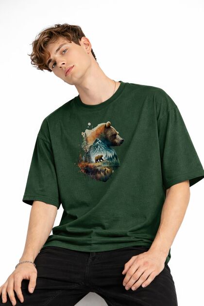 Bear2 - Premium Cotton Fabric Oversize Unisex T-Shirt Khaki