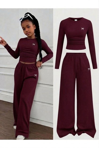 Girls' Small Bow Printed Sweatpants Top-and-Bottom Set