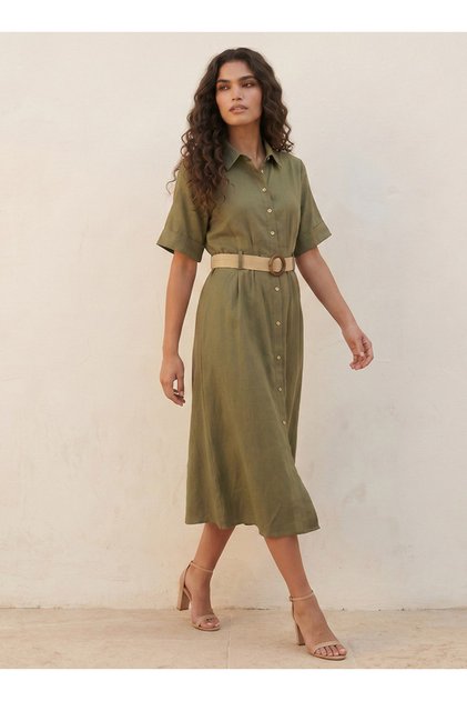 LINEN BLEND BELTED SHIRT DRESS