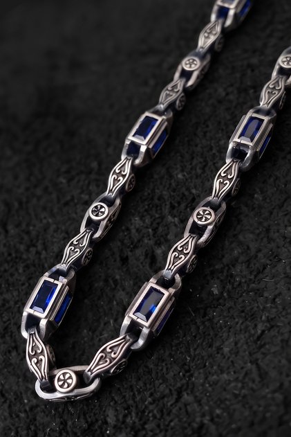 925 Ayar Gümüş Premium Vintage Motifli Lacivert Zirkon Taşlı Kalın Zincir Erkek Kolye-Sevgiliye Hediye