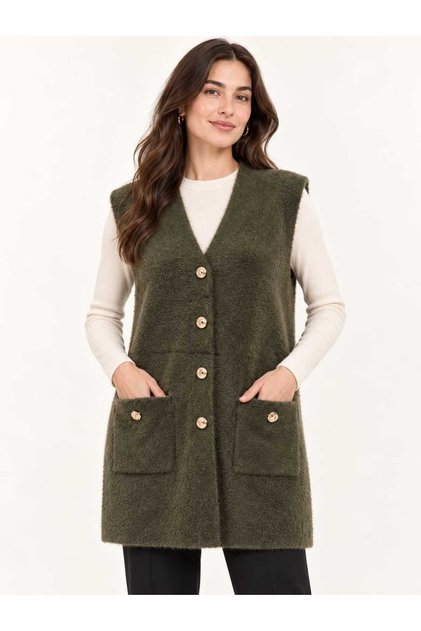 Asez Boutique Women's V-Neck Buttoned Pocketed Long Plush Knitwear Vest 9072