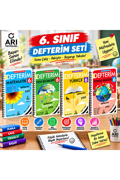 📚 6. Sınıf Defterim 4'lü Set – Matematik, Fen Bilimleri, Türkçe ve Sosyal Bilgiler
