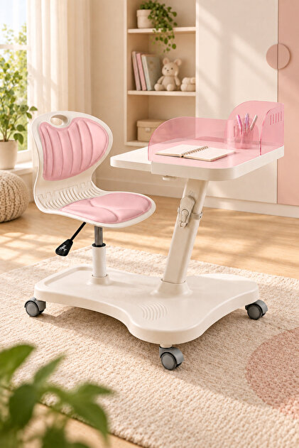 Pembe Mobil Ergonomik Çocuk Ders Çalışma Masası ve 360° Döner Sandalye