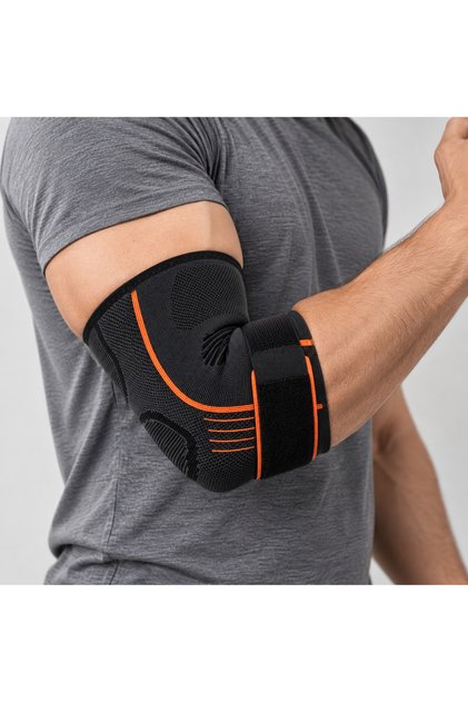 Adjustable Compression Sports Elbow Brace with Strap Support Protector & Stabilizer for Workouts Weightlifting & Athletic Activities Black & Orange