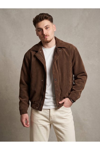 Erkek Fitilli Kadife Bomber Ceket Fermuarlı Çıtçıtlı Mont