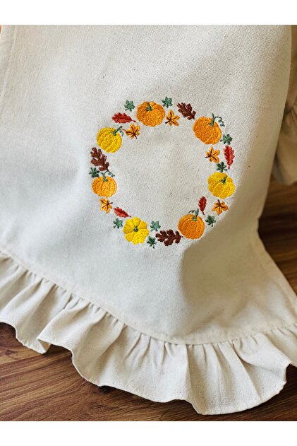 Ruffled Raw Linen Kitchen Cloth with Pumpkin Embroidery 40*60cm