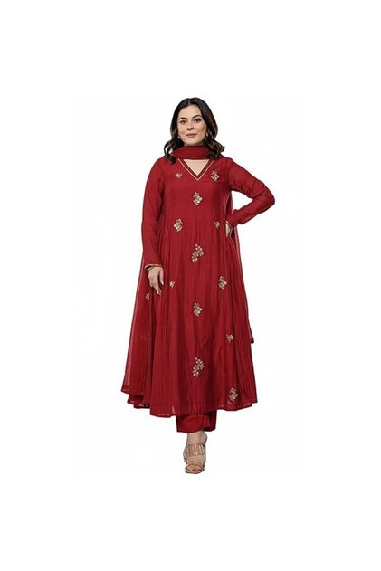 Red Chinon Salwar Kameez & Dupatta Set - ALV2094 | Red-Size:5XL-50-Inches